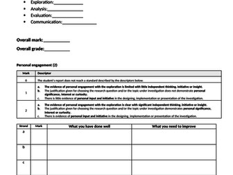 Biology IB Diploma Internal assessment feedback sheet - covering all criteria