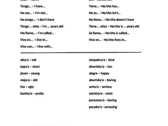 Help sheet for Spanish writing task on la familia