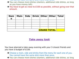Maths task. Calculate take away cost with budget.