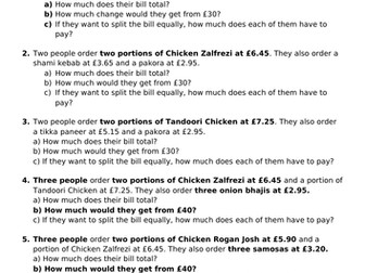Using the four calculations in real life maths - ordering from a menu