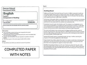 Completed L2 Functional Skills English reading  past past paper with notes (Edexcel spec)