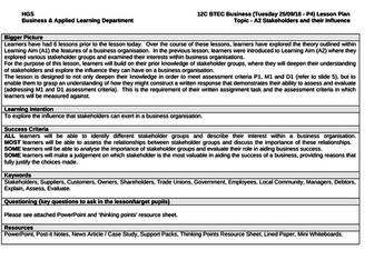 BTEC Business Level 3 (NQF) - Unit 1 Exploring Business - Outstanding Lesson