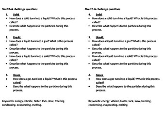 Solid Liquid Gas State changes work sheets - Gap fill, key questions and diagram