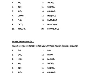 Relative Formula Mass worksheets