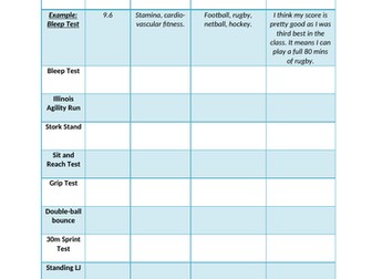 PE fitness testing recording sheet