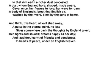 Lessons comparing 'The Soldier' by Rupert Brooke and 'Dulce et decorum est' by Wilfred Owen