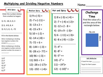 Multiplying and Dividing Negative Numbers Differentiated Worksheet