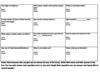 20 minute revision sheet for Light topic