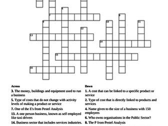 Business Enterprise Environment Crossword BTEC L2 Technical Certificate