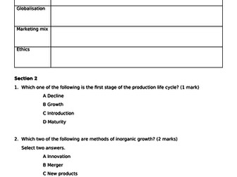 GCSE Business (9-1) Edexcel - Test for topics 2.1 & 2.2