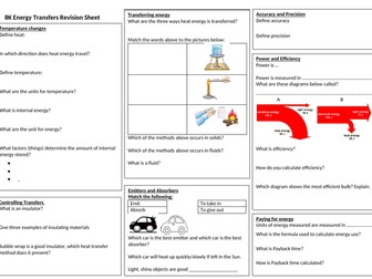 Exploring Science 8K Energy Transfers Revision sheet