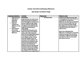 Paw Patrol celebrating differences lesson plan