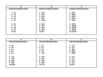 Doubling and Halving Decimals - 3 Levels - KS3