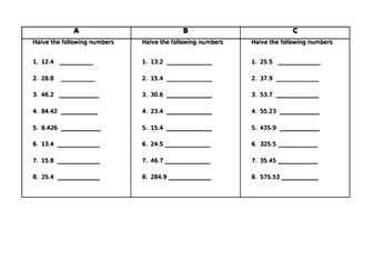 Doubling Decimals Homework - 3 Levels on one sheet - KS2