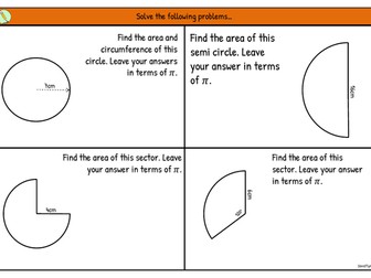 Area of circle sectors in terms of pi -  4 questions - Free Mastery Resource