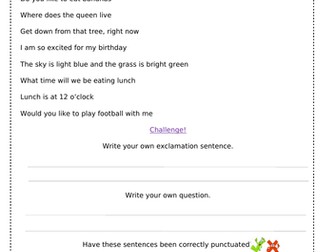 Punctuating sentences exclamation and question marks with challenge year 1 year 2 KS1