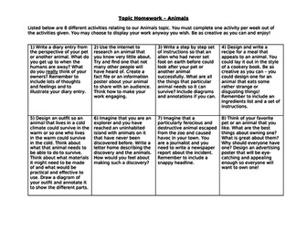 Literacy Homework Tasks Grid for KS2 based around Animals