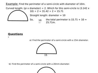 Perimeter of Semi-circles - Scaffolded Worksheet (w. Answers)
