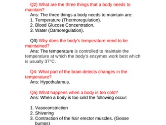 GCSE Homeostasis Questions/Answers