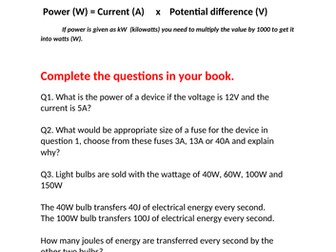 Power, current and voltage calculations for GCSE physics