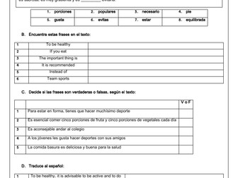 Spanish GCSE Healthy Living & Diet: Two worksheets with answers (reading & translation)