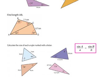 Sine Rule worksheet - missing lengths and angles