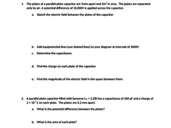 Capacitors and Electric Fields Worksheet (Yr13)