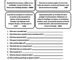 Reading and writing tasks on actions taken to help the environment