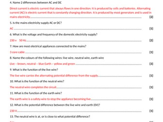 AQA GCSE Trilogy recall test and answers topic: Mains Electricity