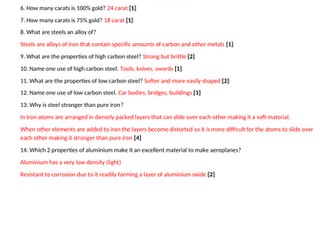 AQA GCSE Trilogy recall test and answers topic: Alloys as useful materials
