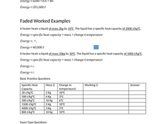 Specific Heat Capacity Low Ability Faded Worked Examples Worksheet