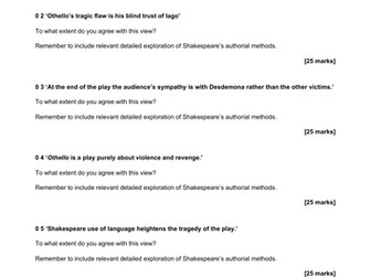 AQA English Literature Questions A-Level Sections B and C (Tragedy and Social Political) x 110