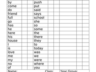 Year 1 Common Exception Words Checklist in alphabetical order