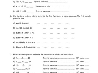 Sequences term to term rule with ANSWERS
