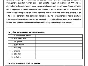 Spanish A Level las personas transgénero: translations on transgender people & equality with answers