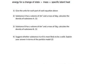 equation practice for density, specific and latent heat (foundation) with answers