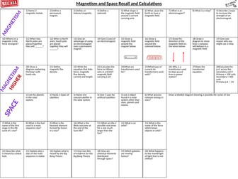 Magnetism and Space revision essential recall and calculation questions
