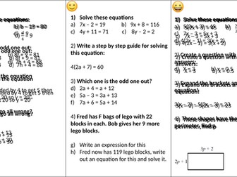 Solving equations differentiated worksheet