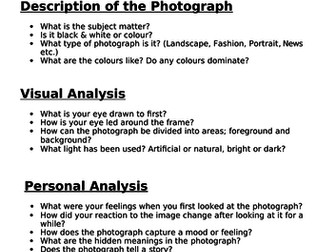 Analysing a Photograph worksheet