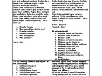 Reading worksheet with questions on descriptions