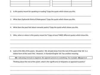 Dis Poetry by Benjamin Zephaniah - self-reflective poem worksheet