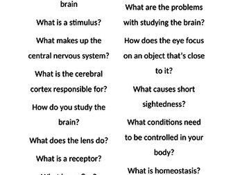 Homeostasis, Brain and Eye Revision Questions