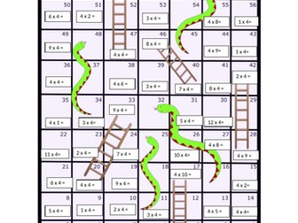 4 Times Table Snakes and Ladders Board Game