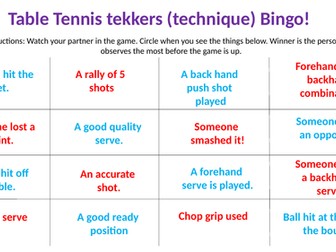 Table Tennis Bingo