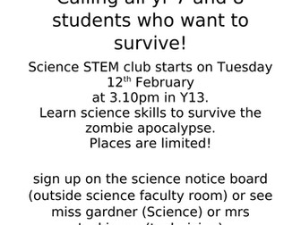 Science/STEM Club materials (KS3) - Zombie Apocalypse theme