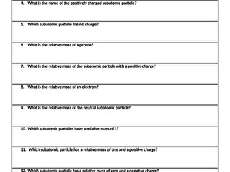 Atoms, Ions and Subatomic Particles Revision Mat and Quiz