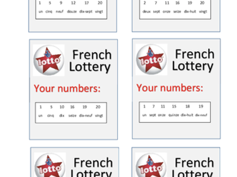 Key Stage 2 French Learning Numbers 1 - 20 /   LOTTERY GAME   /  A Set of 30 Lottery Tickets