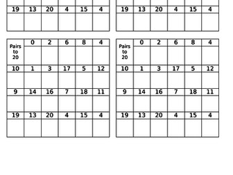 Number bonds/pairs to 10 and 20 grids for children to complete