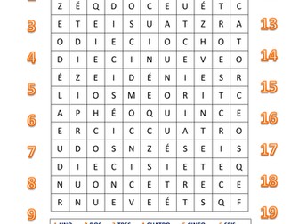SPANISH NUMBERS 1-20 Word Search Puzzle
