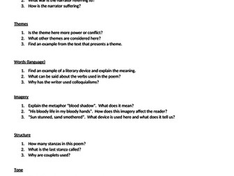 Simon Armitage Remains - analysis question sheet